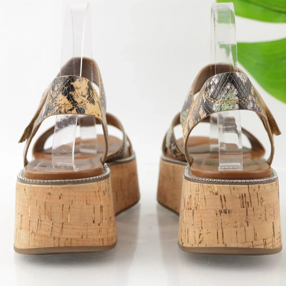 Franco Sarto Womens Ozio Sandals Size 8.5 Brown Snake Cork Wedge Platform Shoes